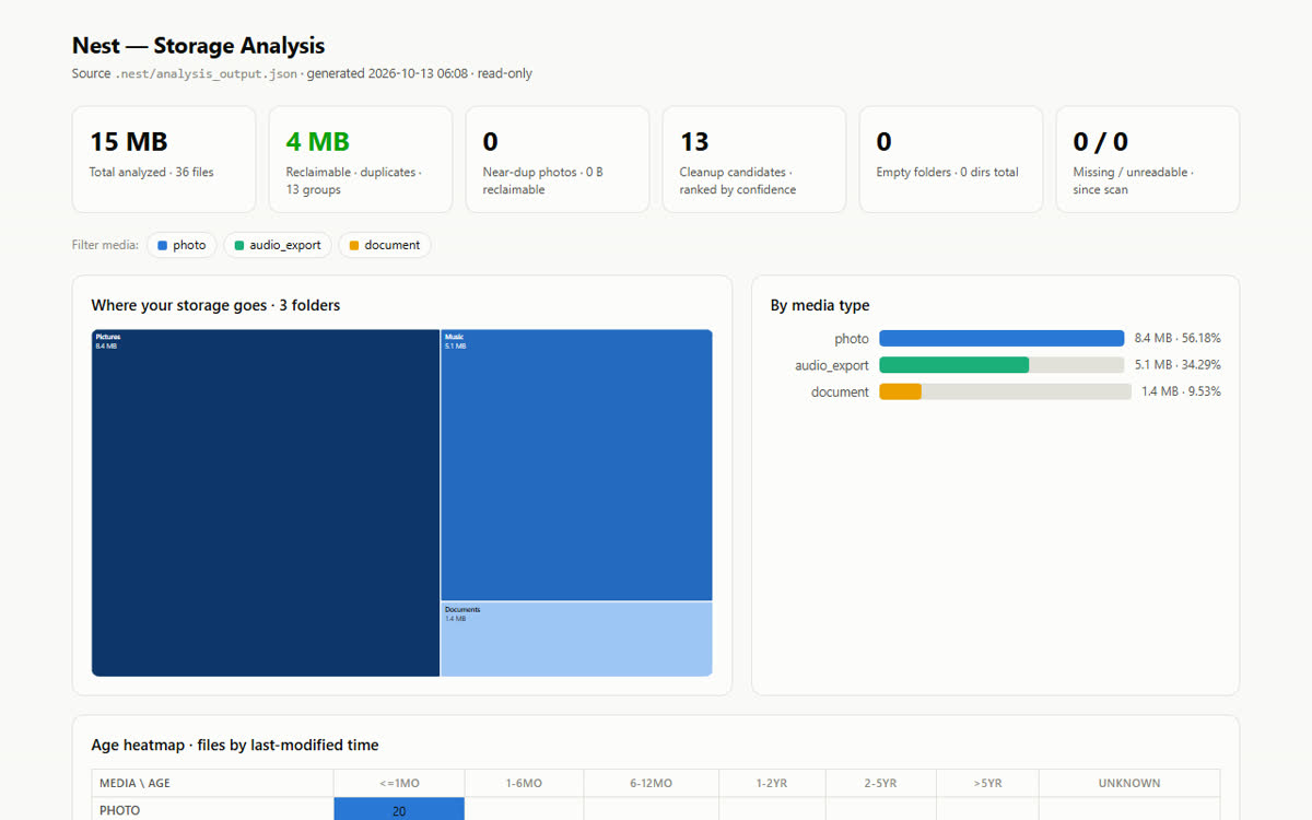 A Nest storage report on a demo folder: where the space goes, and what duplicates can be reclaimed
