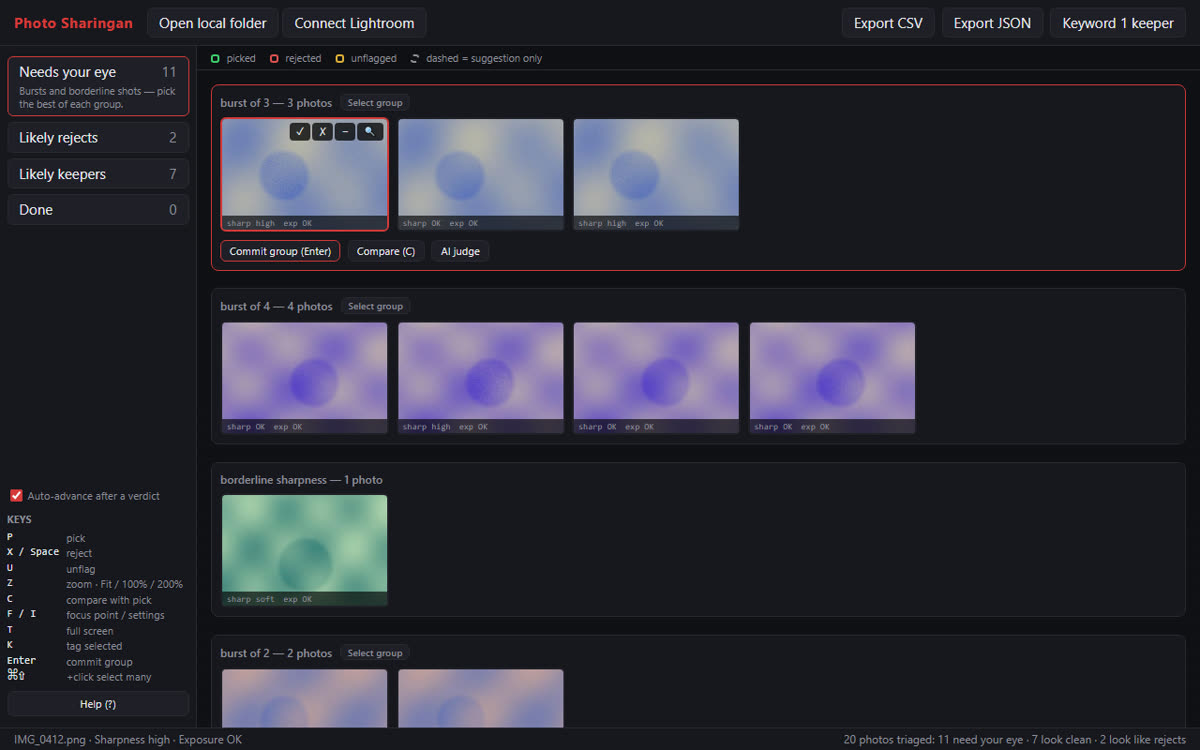The Photo Sharingan web viewer: bursts grouped for review, with pick, reject and AI-judge controls