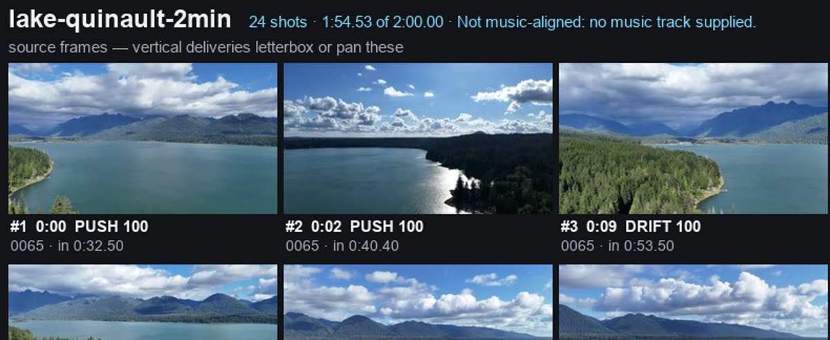 A Video Sharingan storyboard: Lake Quinault drone footage cut to a two-minute reel, each shot labelled with its move